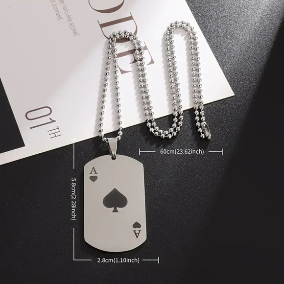 NEW 22" Stainless Steel Ace of Spades Necklace Playing Card Dog Tag - Picture 3 of 10